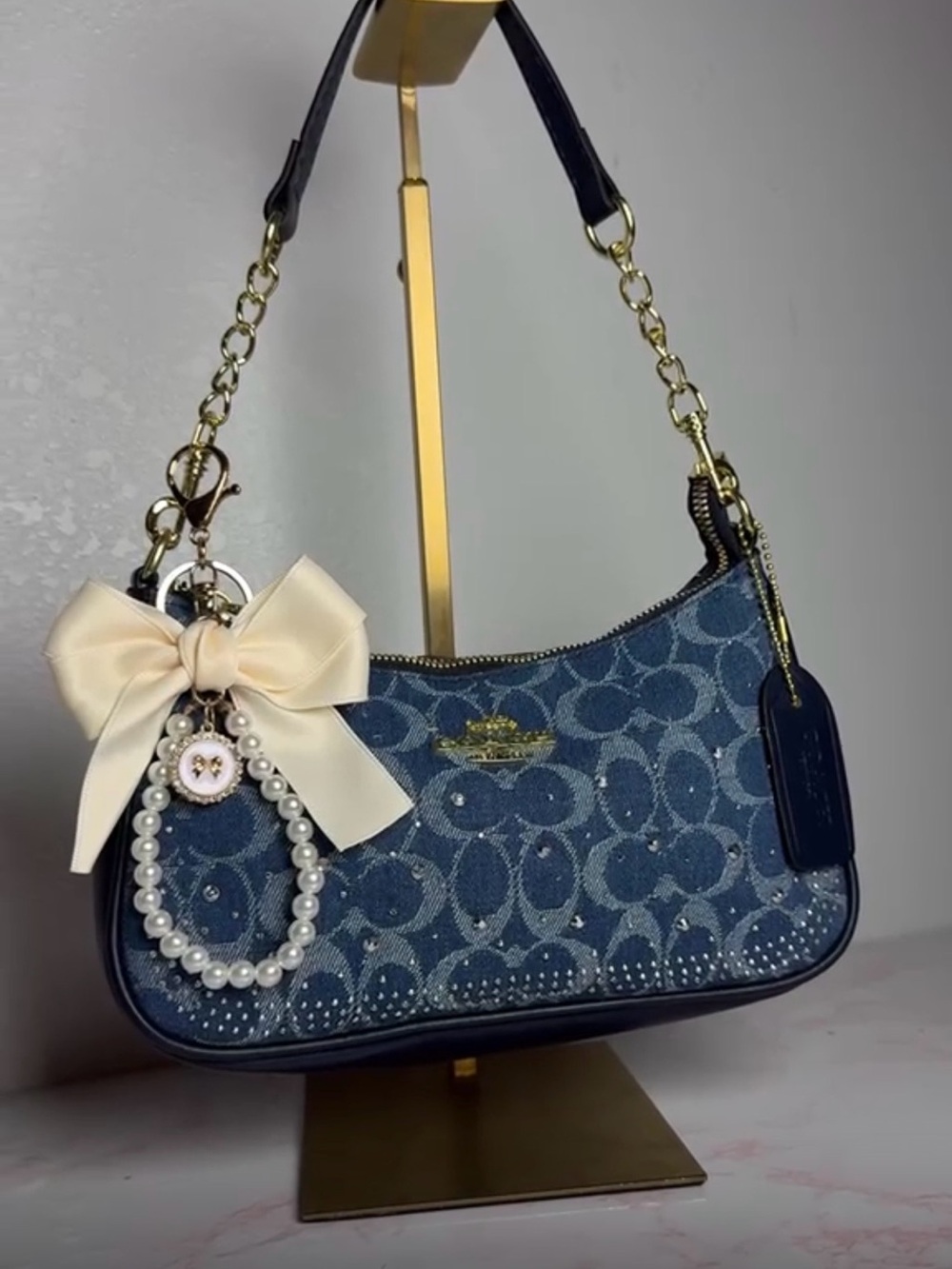 Coach Denim Signature Shoulder Bag with Pearl Charm & Ivory Bow